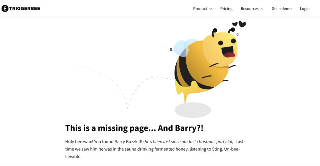 Triggerbees 404 page showing barry bouncing around