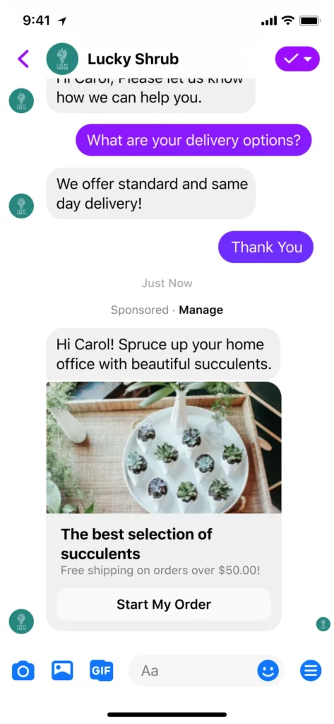 Facebook messenger showing how a business interacts with a customer