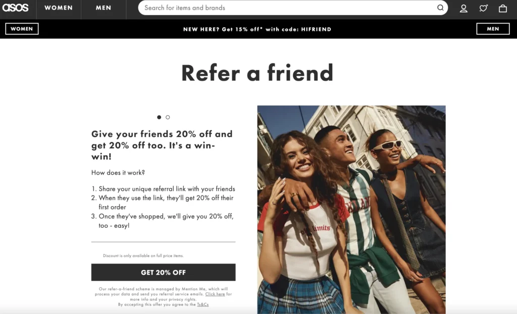 Asos Refer a friend page. Get 20% off your next purchase and give your friend 20% off