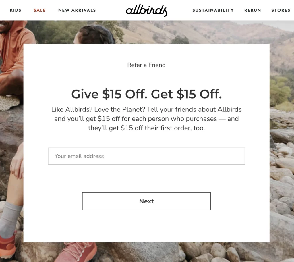 Allbirds gives you $15 off when you refer a friend who also receives $15 off