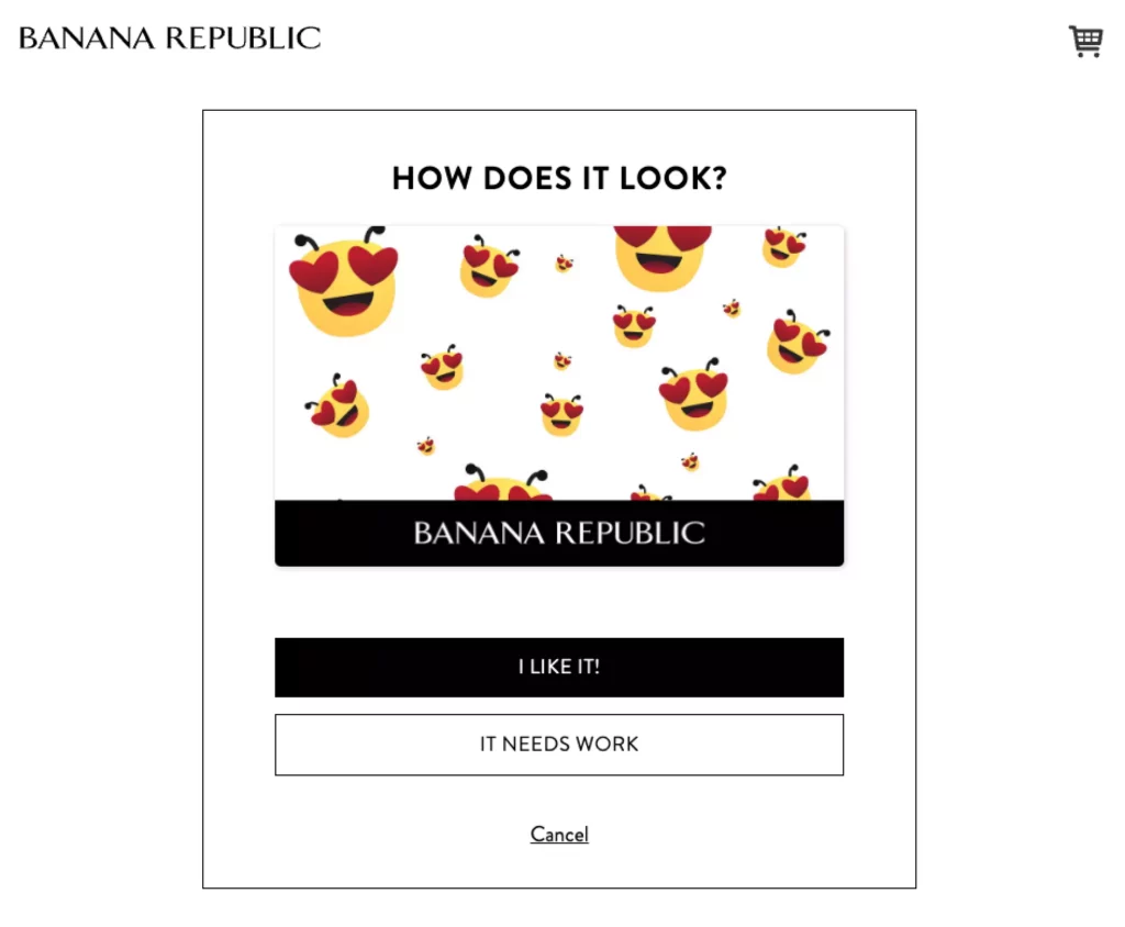 Banana republic's gift card editor. with Triggerbee's love emoji.