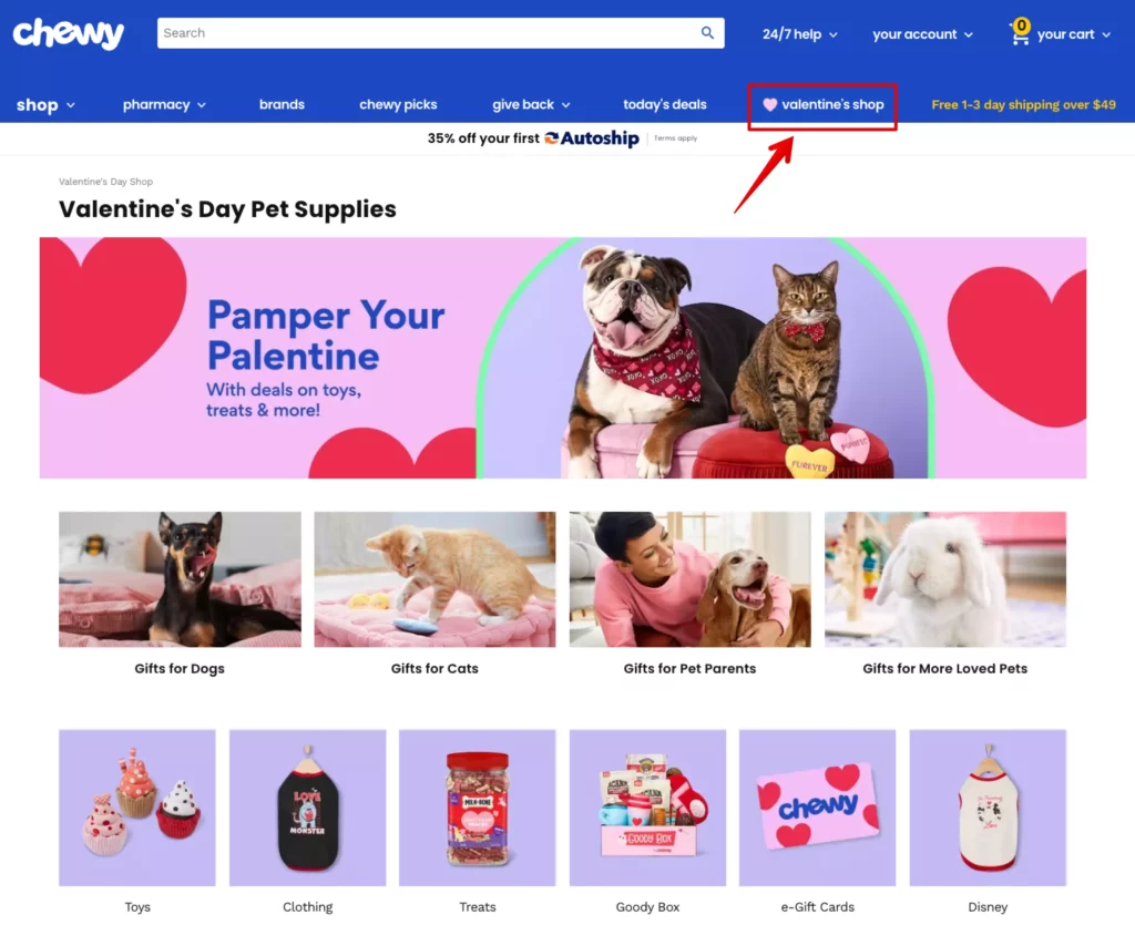 Chewy sells gift cards on their website, and allocates a full product square in their valentines section.