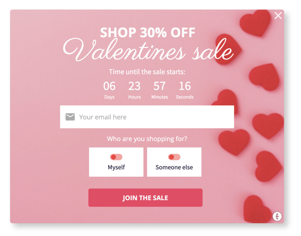 A valentines popup asking the visitor to fill out their email address and tell the store who they are shopping for