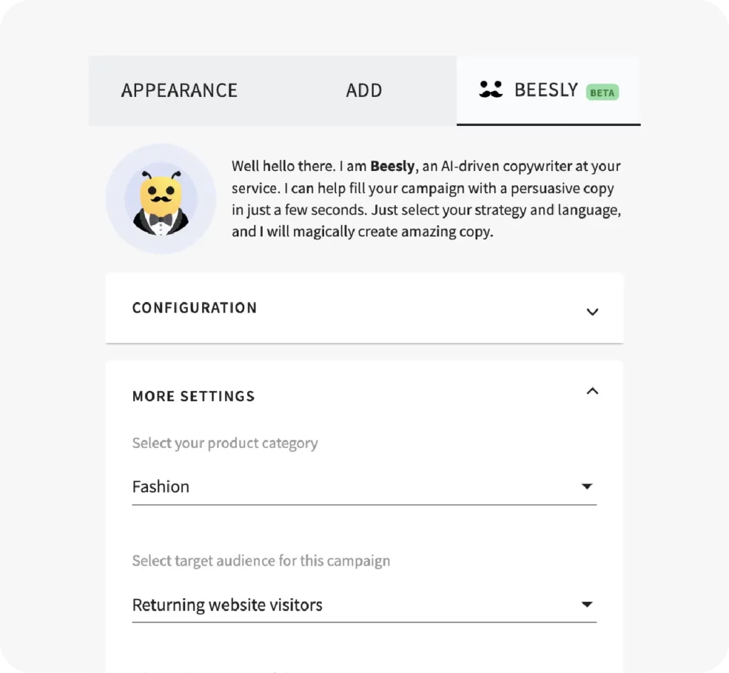 Settings available in Beesly are discount code, language, strategy, brand category, target audience, and campaign purpose.