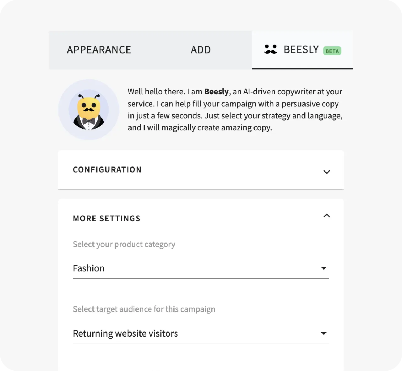 Settings available in Beesly are discount code, language, strategy, brand category, target audience, and campaign purpose.