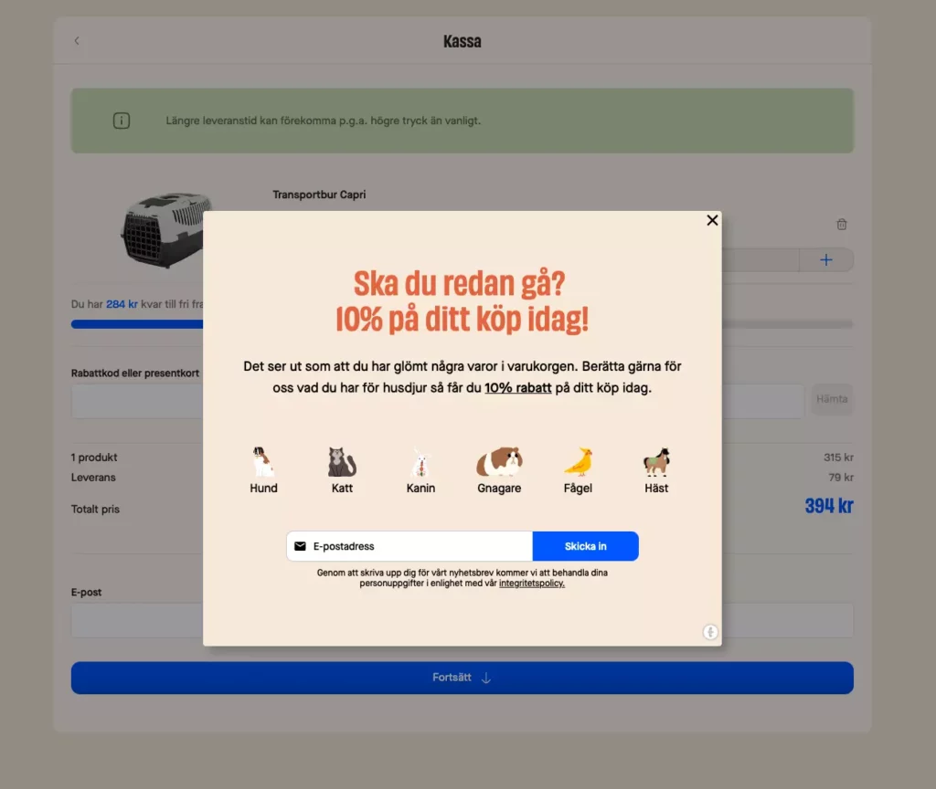 Firstvet uses an exit intent popup from Triggerbee in the checkout to recover customers who are about to abandon their cart.