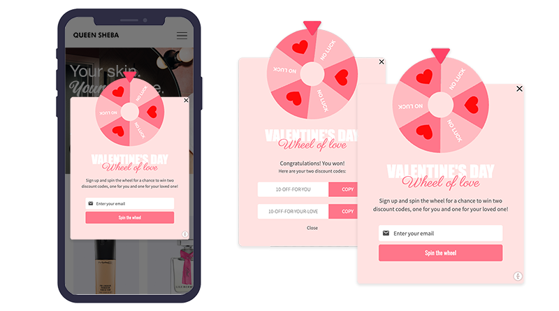 A spin the wheel popup from Triggerbee made for valentines day campaigns.