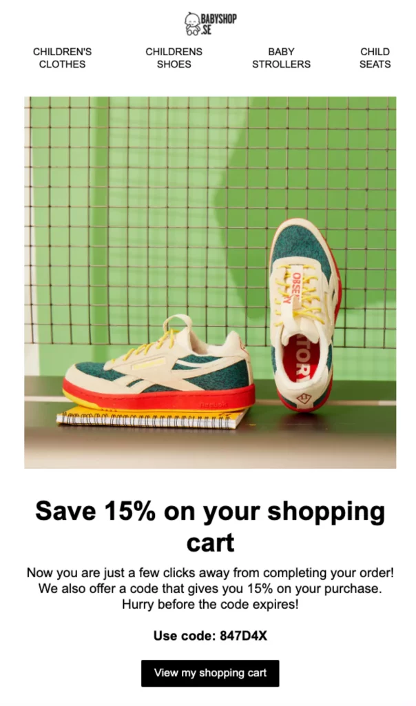 Babyshop.se uses an abanoned cart email with a 15% discount