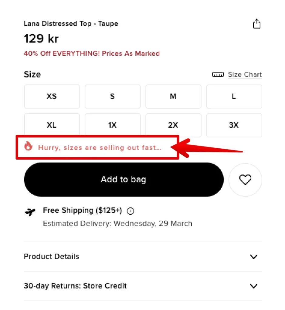 Fashion nova uses scarcity on the product page by stating that sizes are selling out fast.