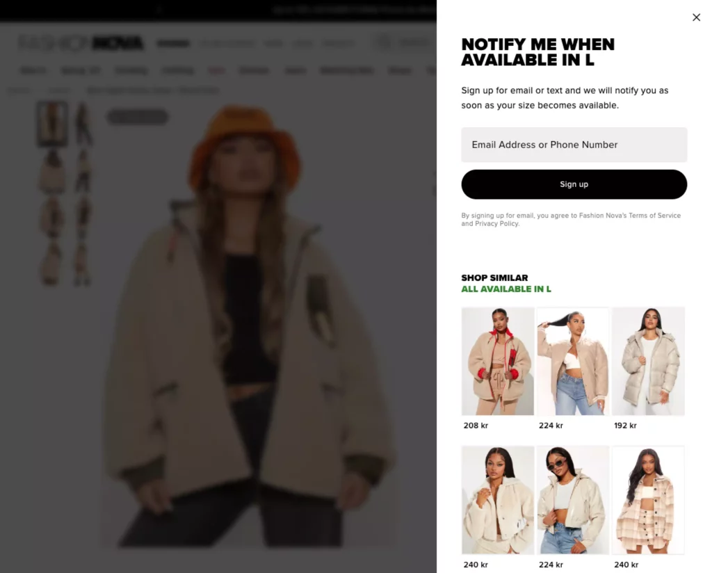 Back-in-stock notification popup from Fashion Nova