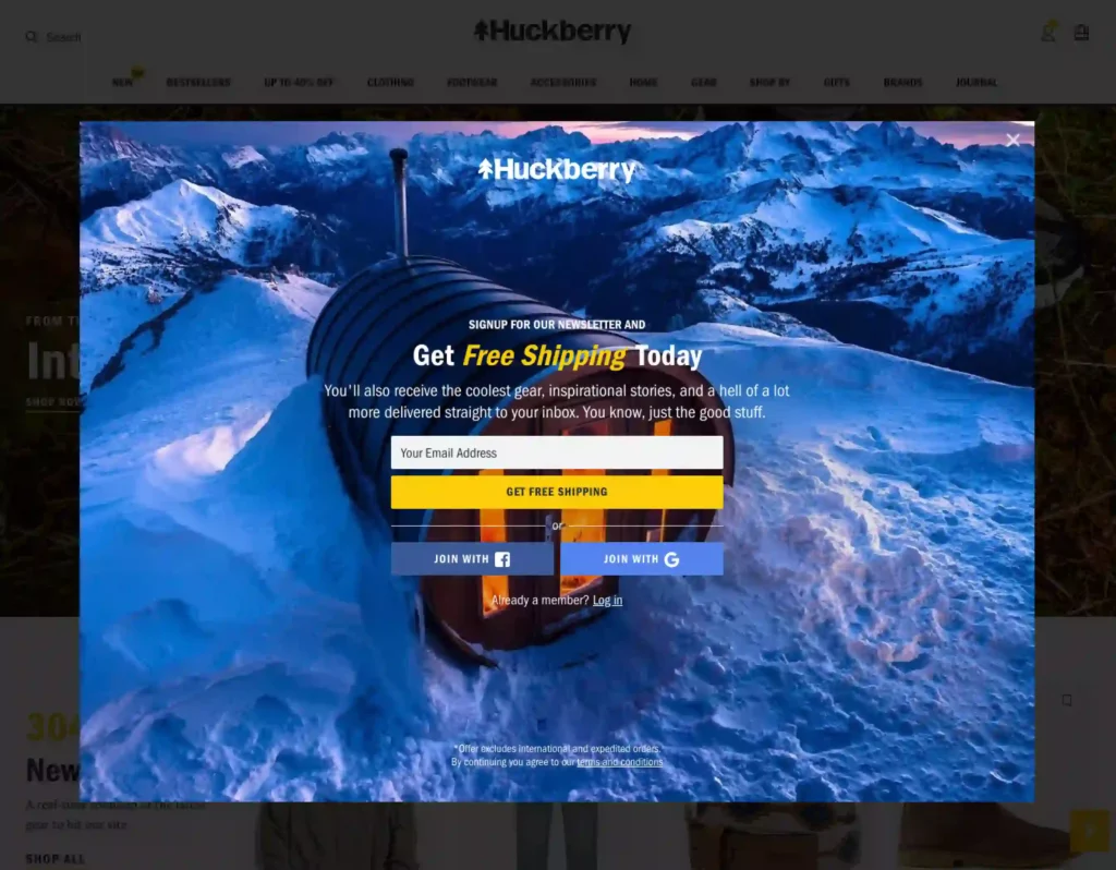 Huckberry offers free shipping in a popup as soon as you land on their website.