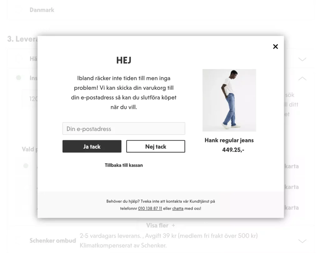 Kappahl uses an exit intent popup that lets the user send the contents of their cart to their inbox.