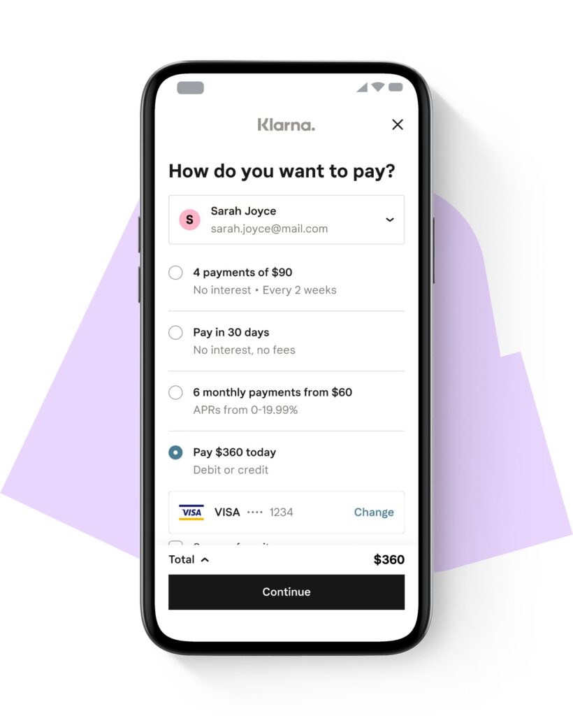 Image from Klarna displaying the different payment options