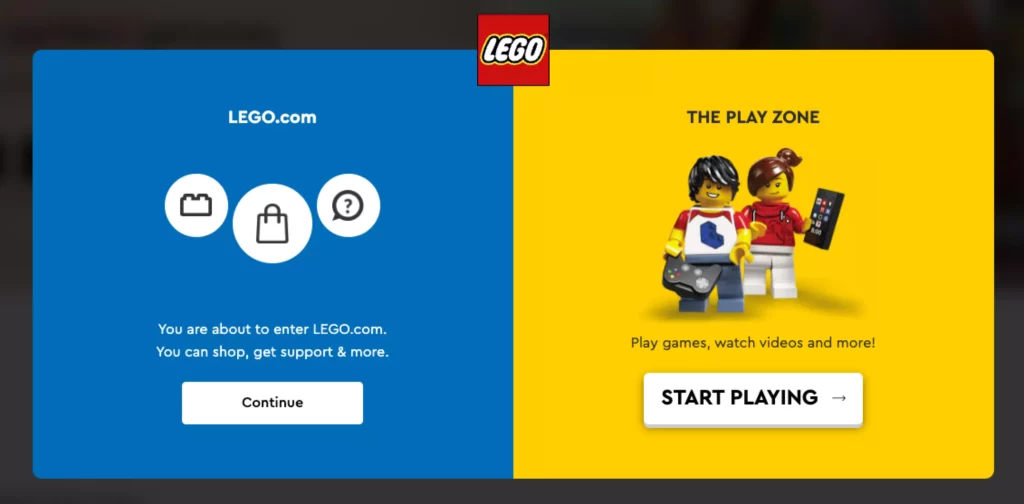 Lego, as the playful brand they are, offers visitors to their website to either visit their online store or go to the play zone to play games.