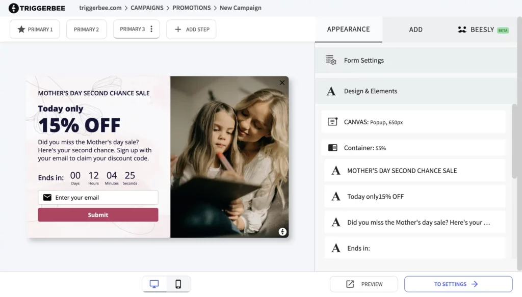 A post-mothers day sale offer in a popup built and edited in Triggerbee's campaign editor