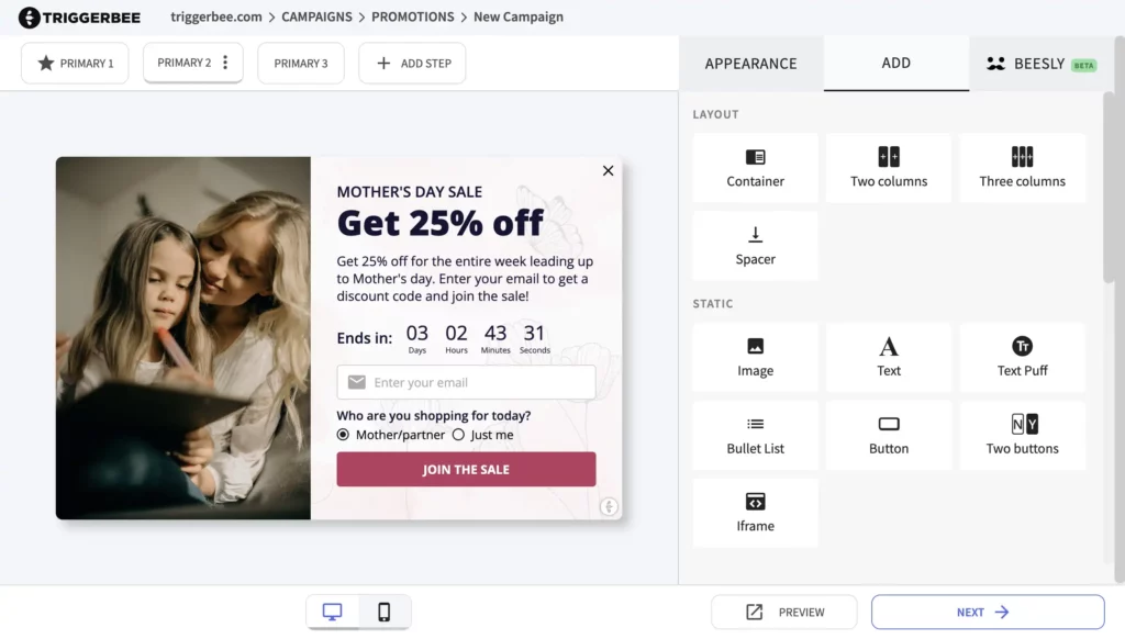 A popup built and edited in Triggerbee's campaign editor, showing a popup made to be shown during mothers day