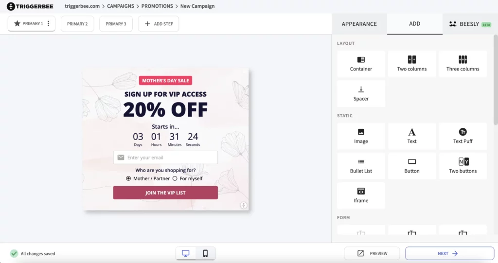 A popup built and edited in Triggerbee's campaign editor. The popup says "Get 20% off for Mothers day", has a countdown and a sign up field.