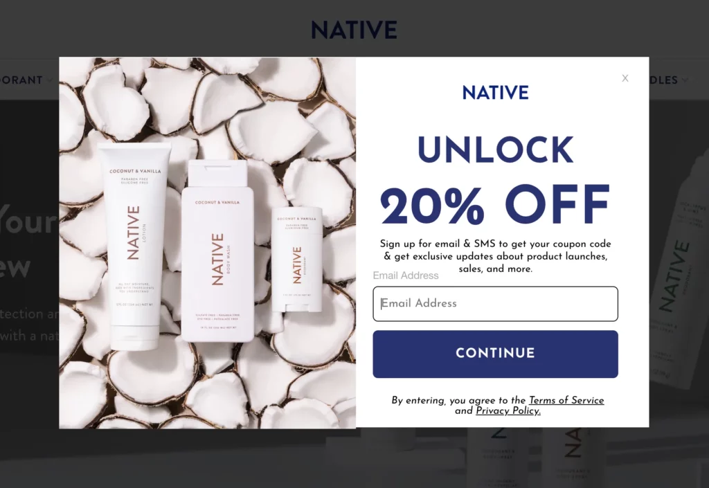 Native's welcome popup that offers a discount code of 20% off