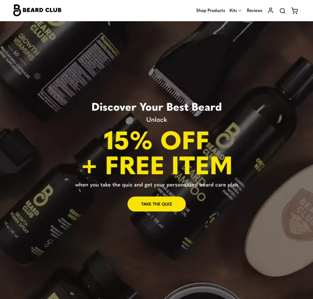 The Quiz used by BeardClub offers a 15% off discount plus a free item as incentive for taking the quiz.