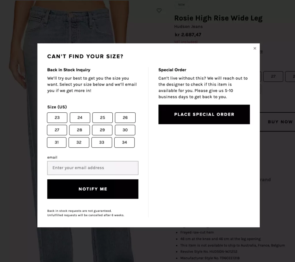 Revolve's back-in-stock notification popup that lets you select size and make a special order. 