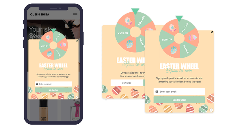 Easter campaign idea #1: Spin the wheel campaign, here shown mocked up in mobile view.