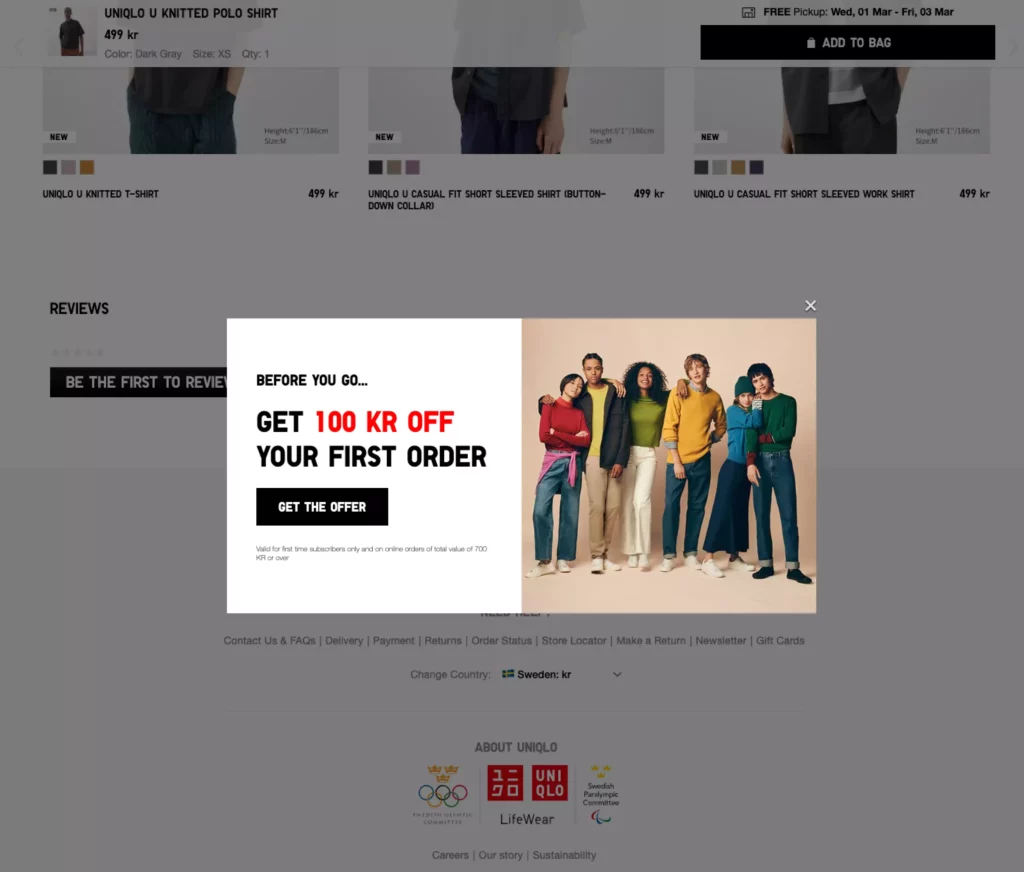 Uniqlo exit intent popup that offers 100kr off