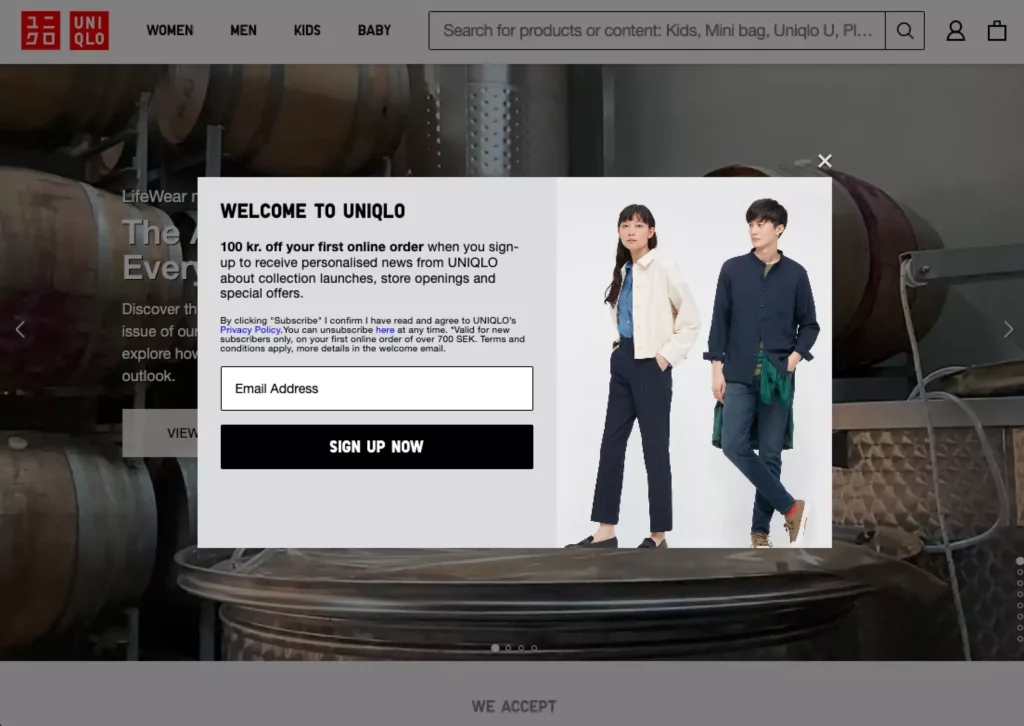 Uniqlo's welcome discount popup that gives you 100kr off your next purchase