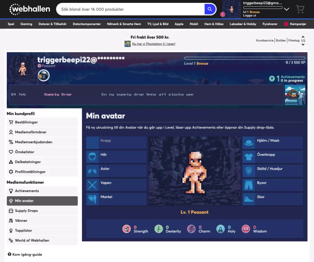 Webhallen uses gamification in their customer profile section. When you log in to your account, you can customize an avatar, make it wield items and dress it with clothes.