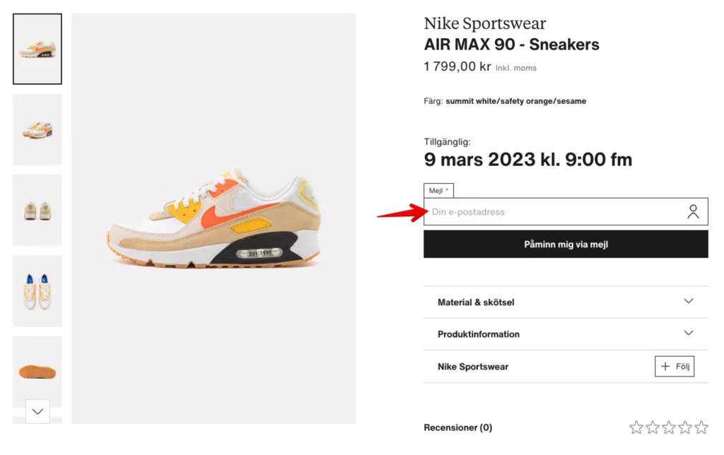 Zalando product page showing Nike AIR MAX 90 before it's released, and a signup form to be alerted when the sneaker drops.