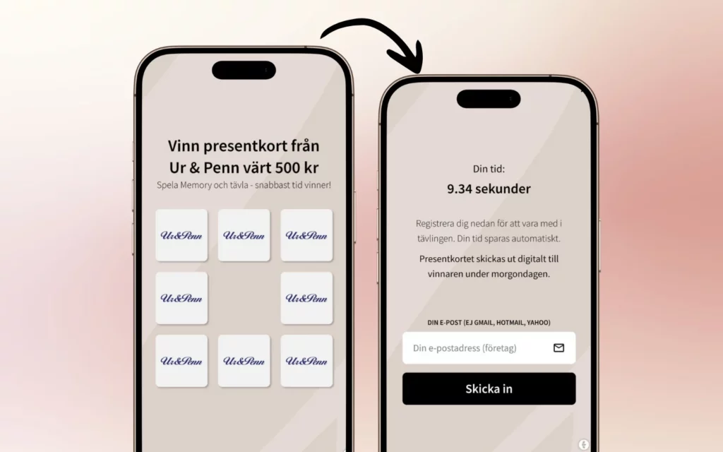 A memory game competition from Ur & Penn using e-commerce gamification. Players match cards as fast as possible to win a 500 kr gift card, with the best time securing the prize. After completing the game, users register their email to enter the competition.