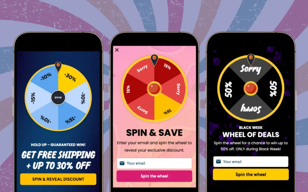 Three mobile screens showcasing e-commerce gamification using "Spin the Wheel" popups. Each wheel offers discounts or free shipping, encouraging engagement through interactive rewards. The leftmost wheel guarantees a win, the middle requires email signup before spinning, and the rightmost is themed for Black Week deals. These gamified popups boost conversions by adding excitement and urgency to online shopping.