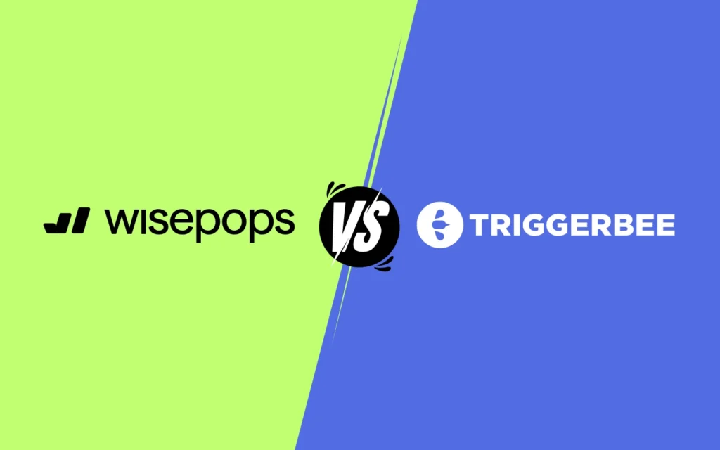 Split-screen graphic: lime-green left side with the Wisepops logo, blue right side with the Triggerbee logo, separated by a bold black “VS” badge in the center.