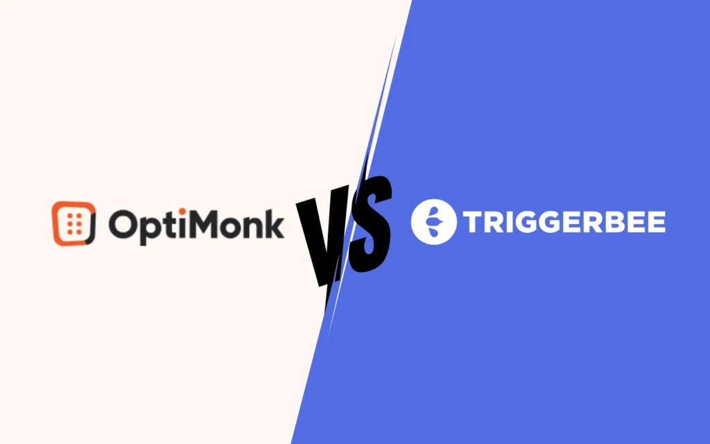 Optimonk vs Triggerbee. Split-screen hero image showing the logos of OptiMonk and Triggerbee with a VS graphic in the center. Triggerbee is an alternative and competitor to Optimonk.