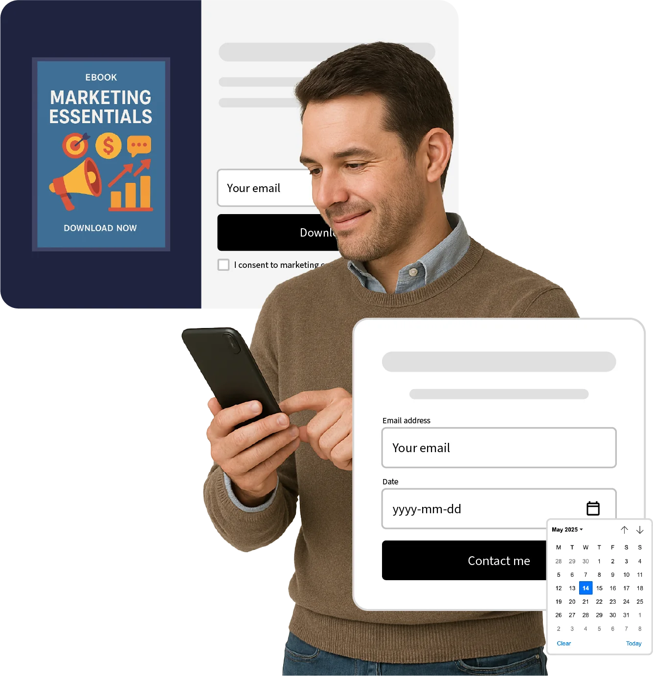 Man in casual clothes smiling while using a smartphone, with illustrated ebook cover titled "Marketing Essentials" and two website form overlays, including an email input and date picker.
