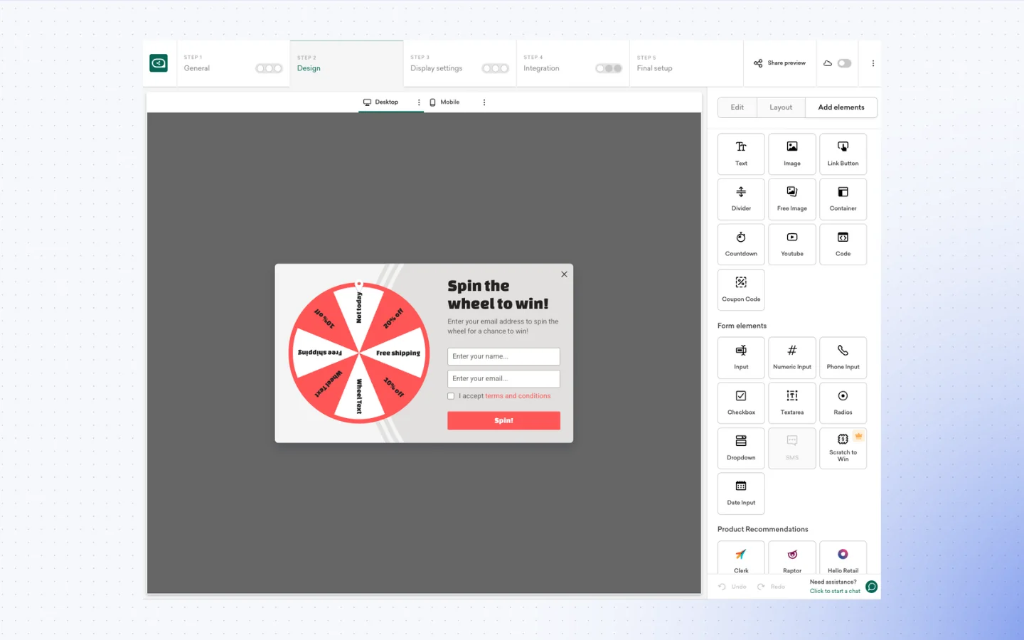 Sleeknote campaign editor with drag-and-drop blocks and gamification setup.