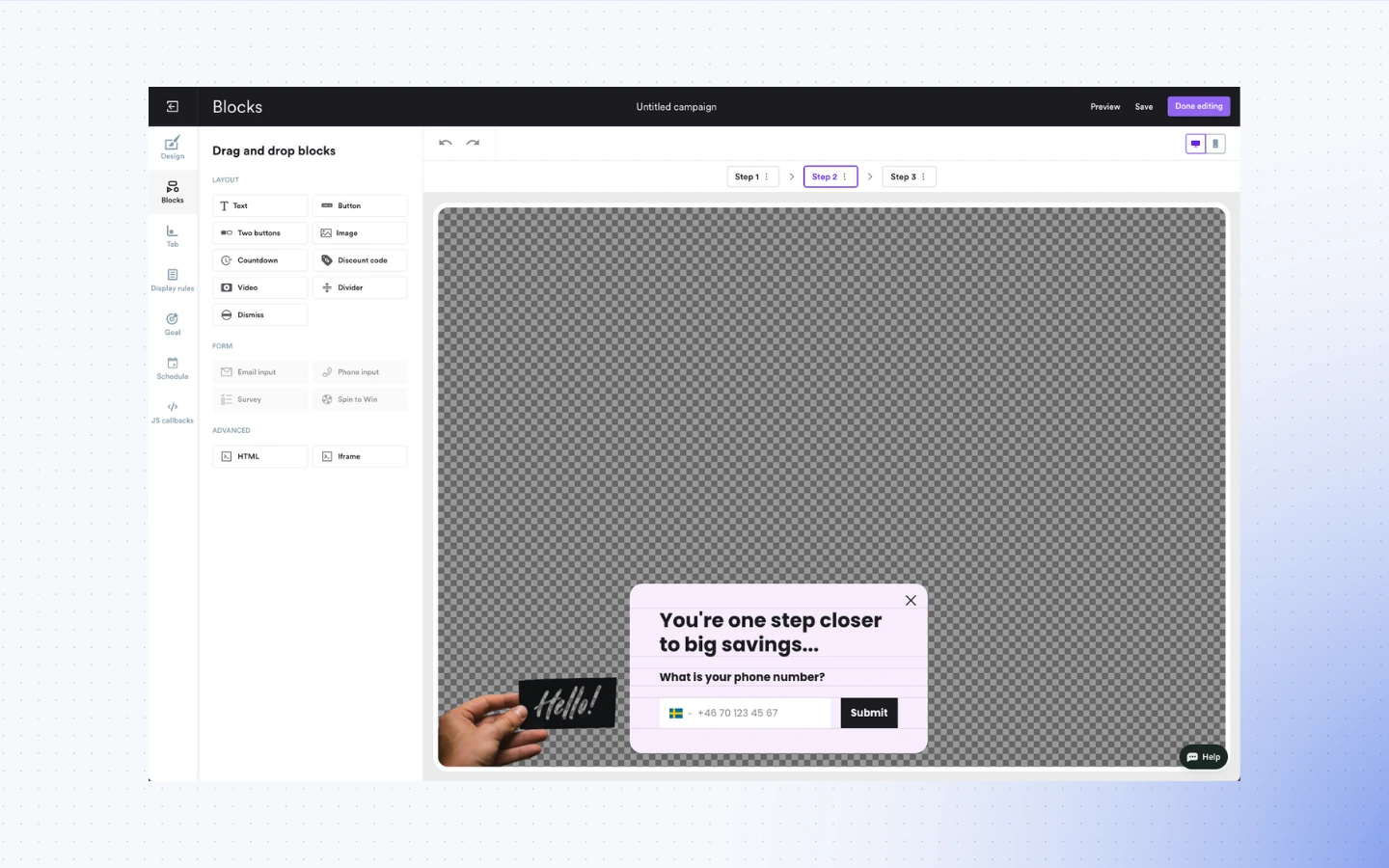Screenshot of Wisepops editor with a drag-and-drop block sidebar and a preview of a pink phone-number popup saying “You’re one step closer to big savings…”.