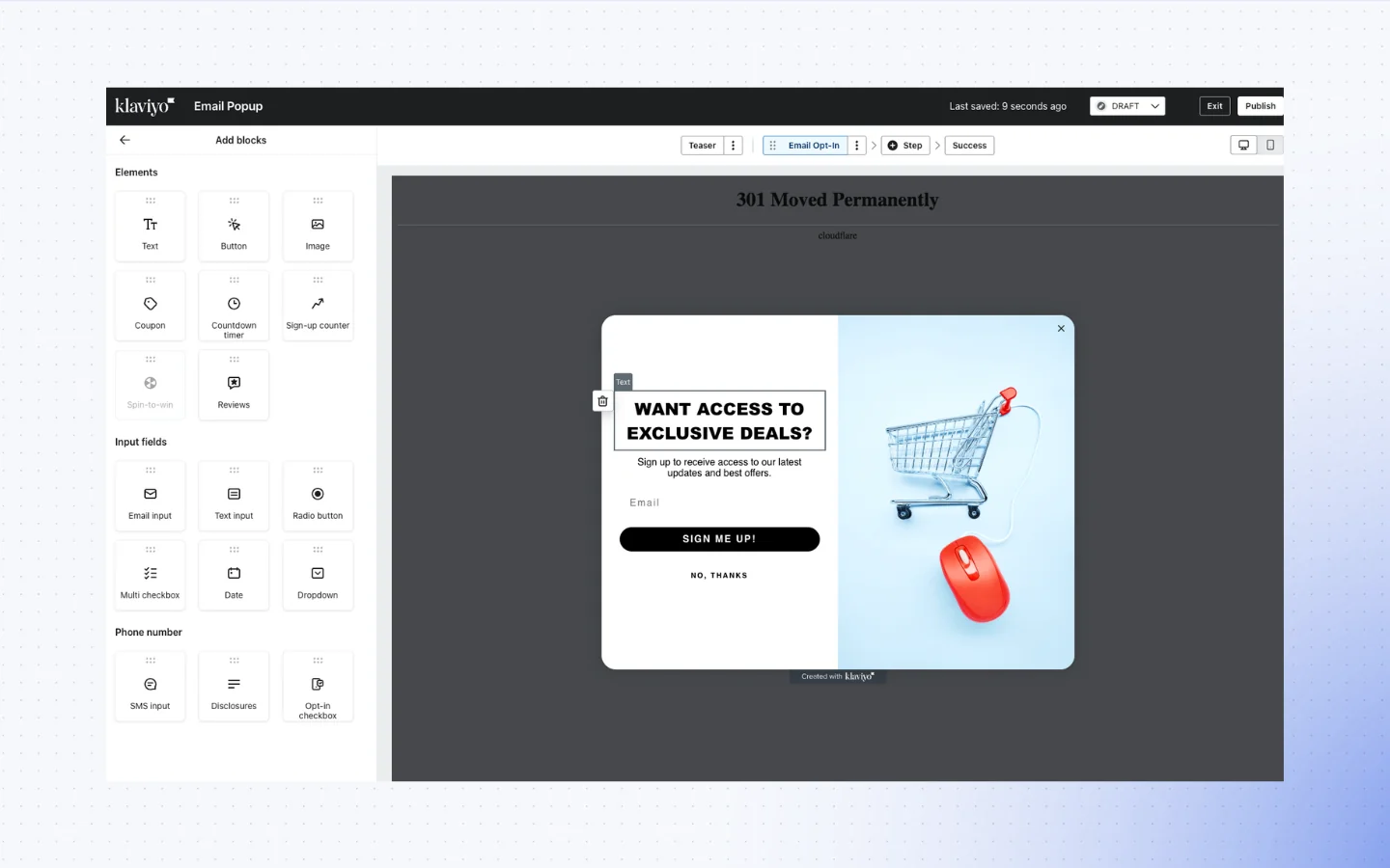 Screenshot of Klaviyo’s popup editor showing a drag-and-drop interface with form elements like buttons, input fields, coupons, and countdown timers. Example popup displays a discount signup form. Highlights limitations in design flexibility compared to Triggerbee. Relevant for Klaviyo vs Triggerbee and Klaviyo alternative comparisons.