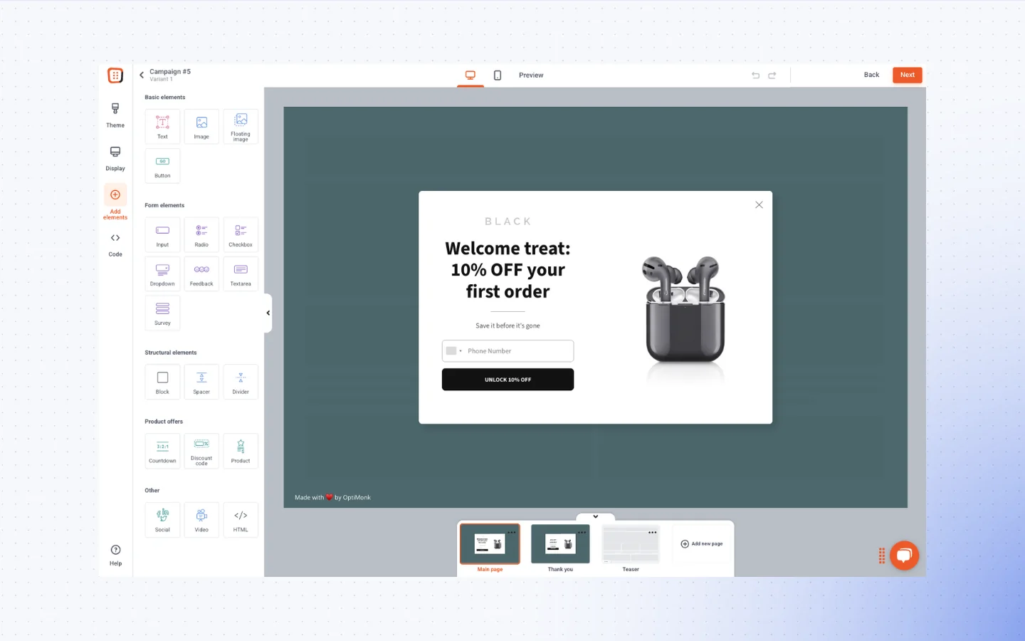 OptiMonk drag-and-drop popup editor with form elements and layout blocks shown on the left and a preview of a discount popup in the center. 