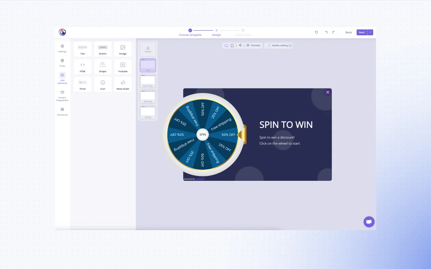 Poptin's popup editor featuring a "Spin to Win" game element. While fun and engaging, it reflects the platform’s light approach. As a Poptin alternative, Triggerbee offers more advanced design flexibility and personalization logic.
