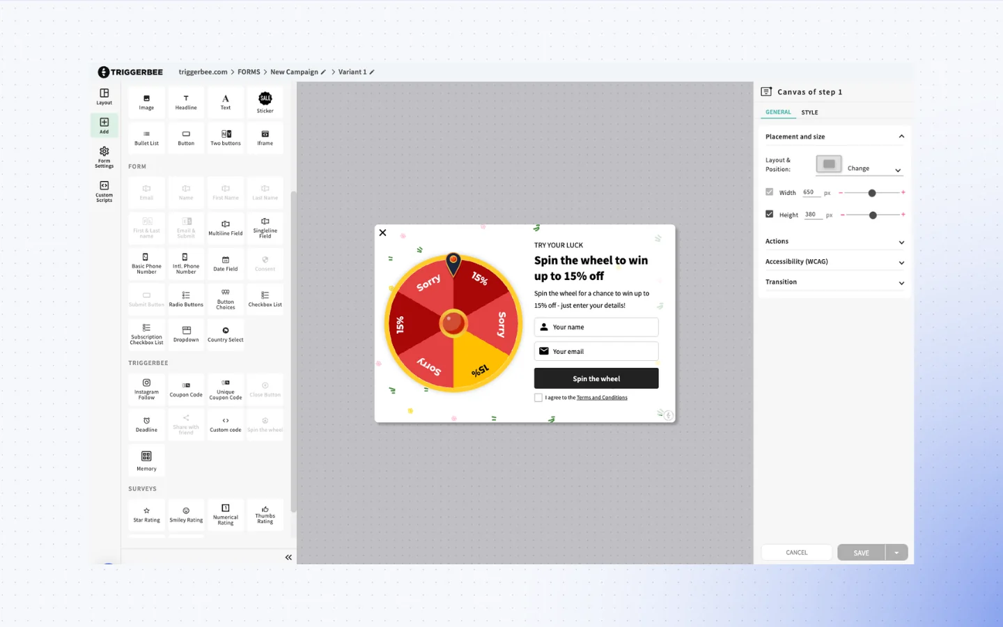 Triggerbee campaign builder interface showing gamified popup with form and advanced layout elements which is one reason why Triggerbee is a top competitor to Sleeknote, Poptin, Optimonk, and Wisepops.