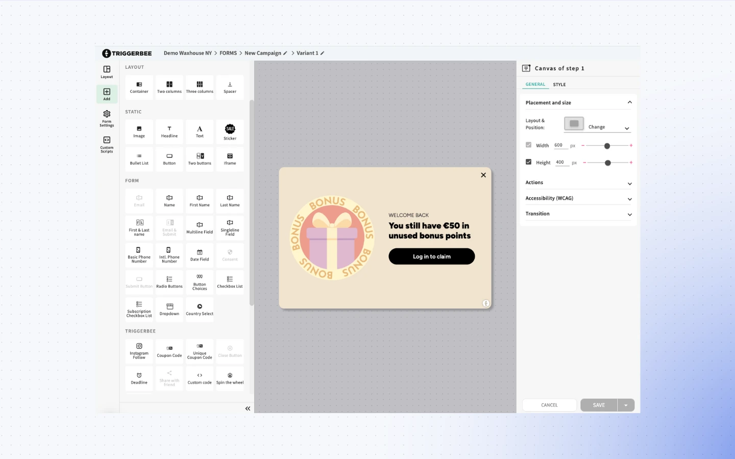 Screenshot of the Triggerbee visual editor showing a drag-and-drop sidebar of form elements and a beige popup preview offering unused bonus points.