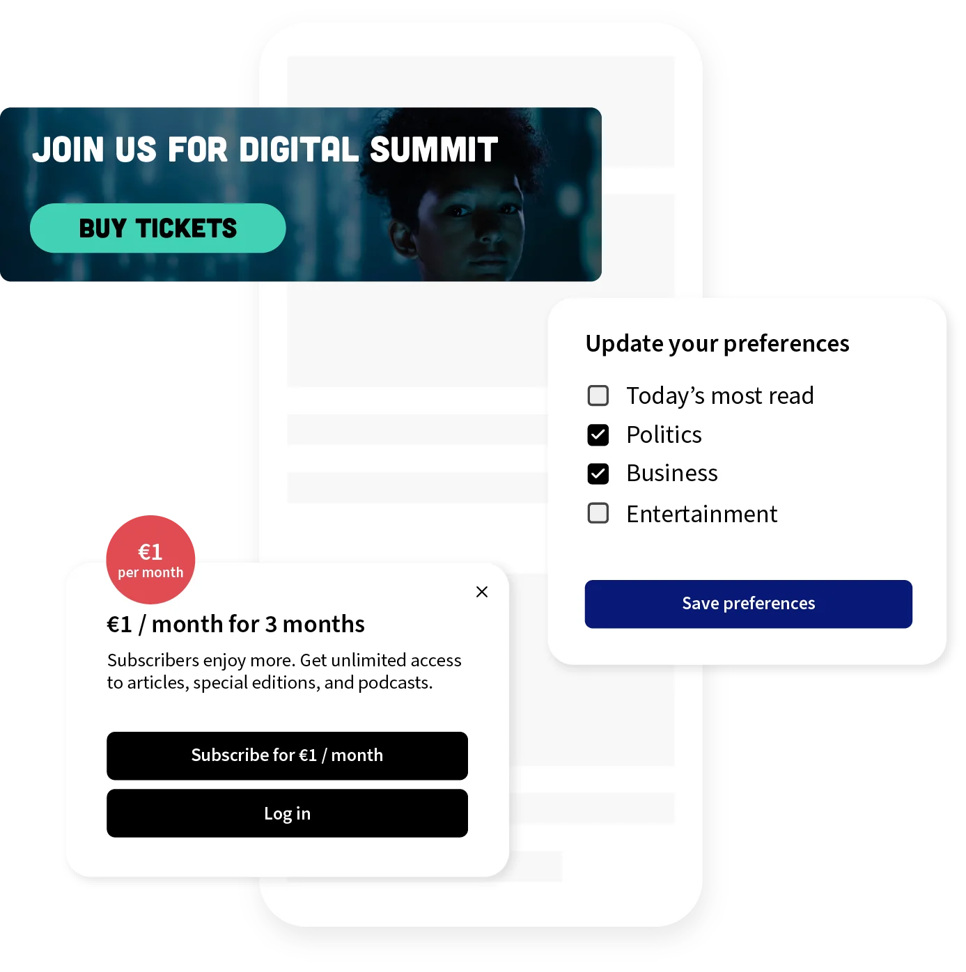 A mobile news interface mockup with three UI elements. At the top, a banner promotes a digital summit with a “Buy Tickets” button. On the right, a preferences panel lets users select categories like Politics and Business. At the bottom left, a subscription offer highlights €1/month for 3 months, with buttons to subscribe or log in.