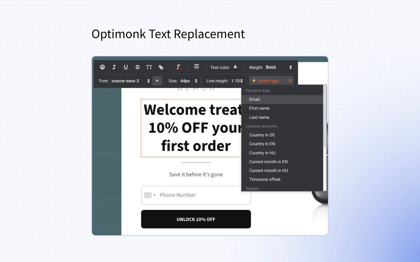 OptiMonk editor with Smart Tag personalization options like first name, country, and current month shown in a dropdown menu.