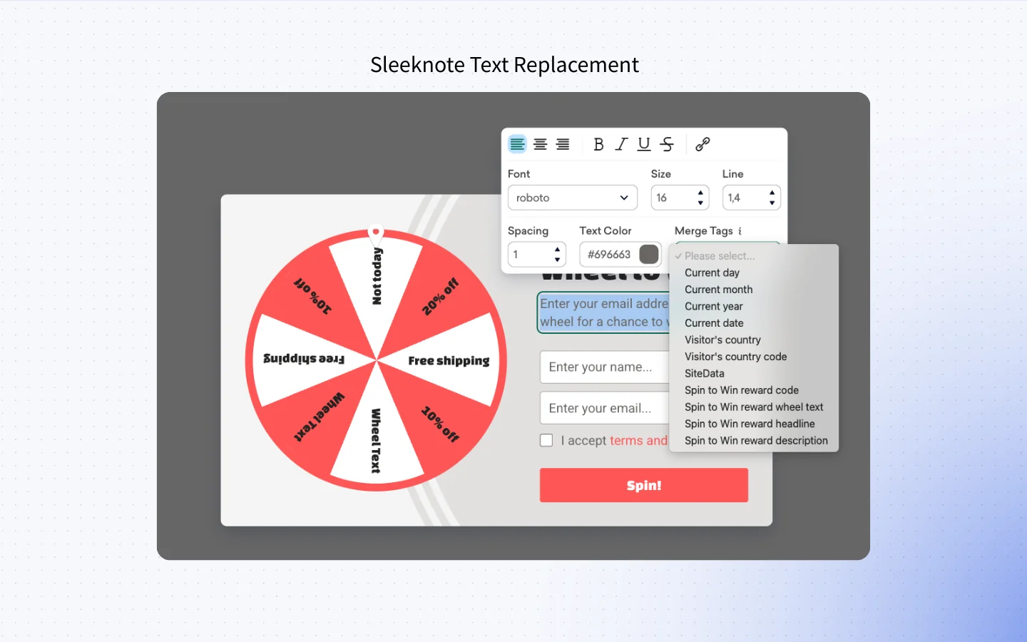 Sleeknote personalization options using SiteData and merge tags, a basic approach compared to Triggerbee’s 1:1 personalization