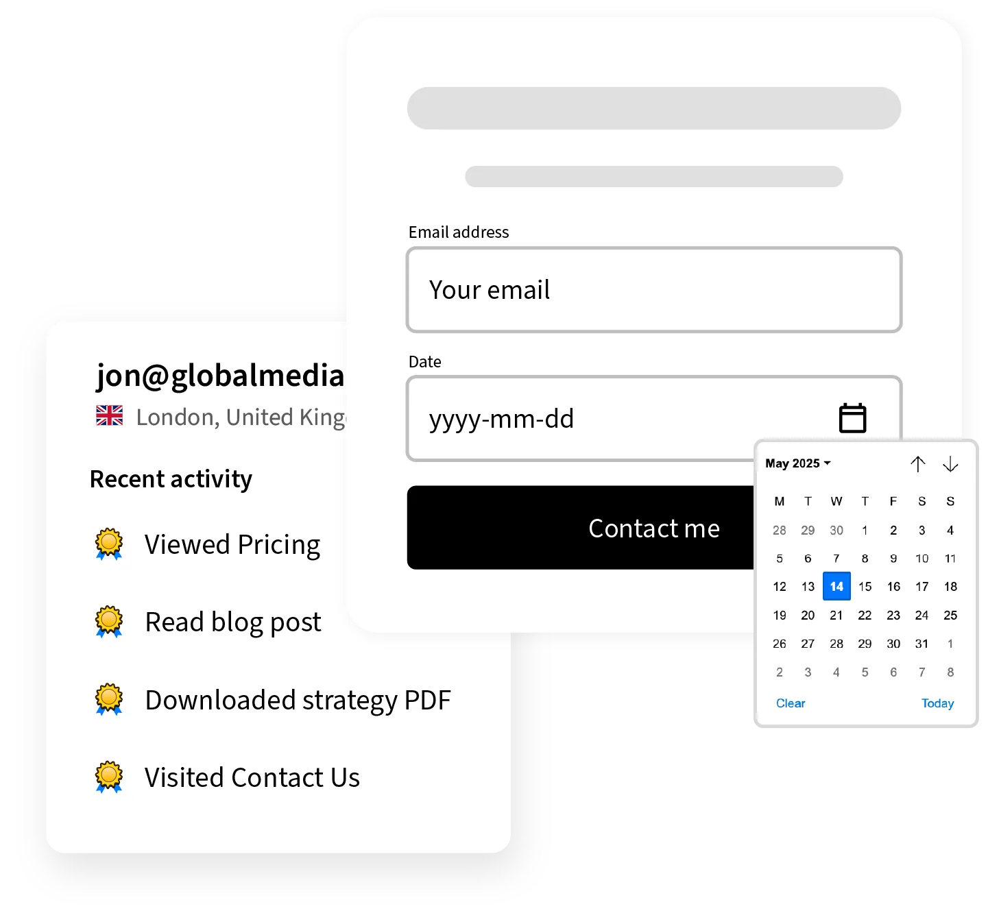 Interface showing a user's recent activity log, including actions like viewing pricing and downloading a PDF, alongside a contact form with fields for email and date, and a calendar date picker set to May 14, 2025.