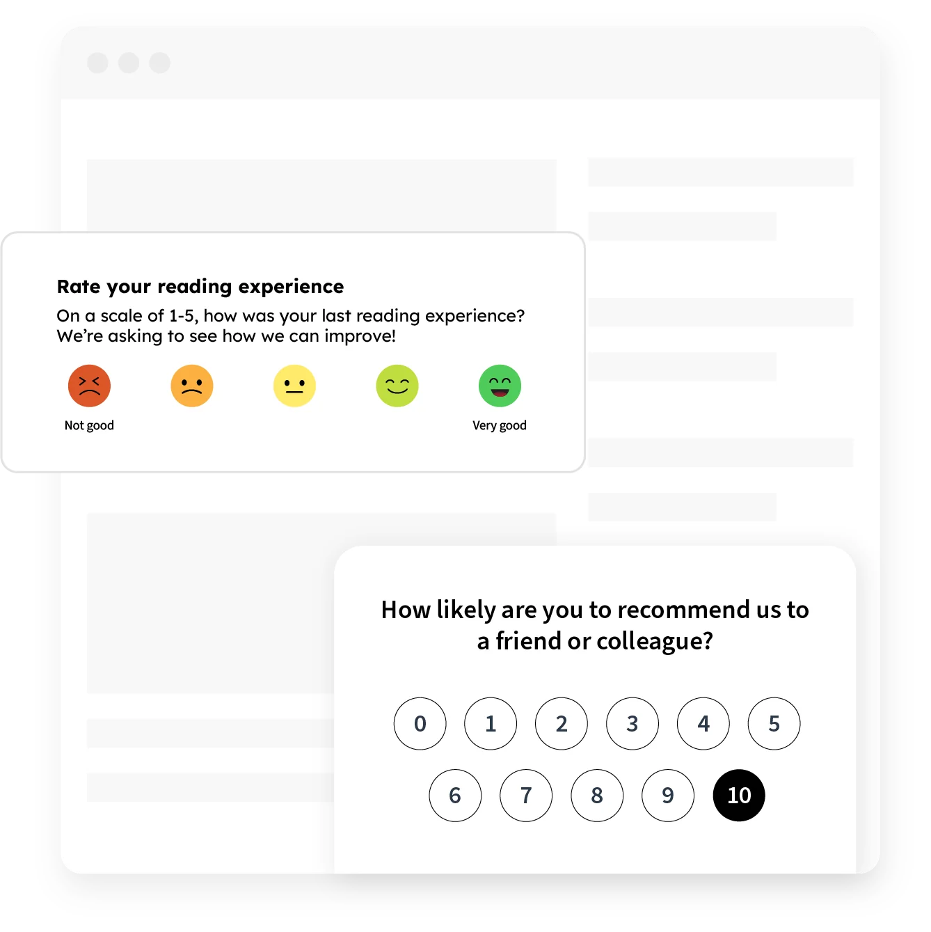 A website mockup displaying two survey elements. The top left card asks users to rate their reading experience using five colored emojis ranging from red (Not good) to green (Very good). The bottom right card presents a Net Promoter Score (NPS) question with a scale from 0 to 10, highlighting the number 10.