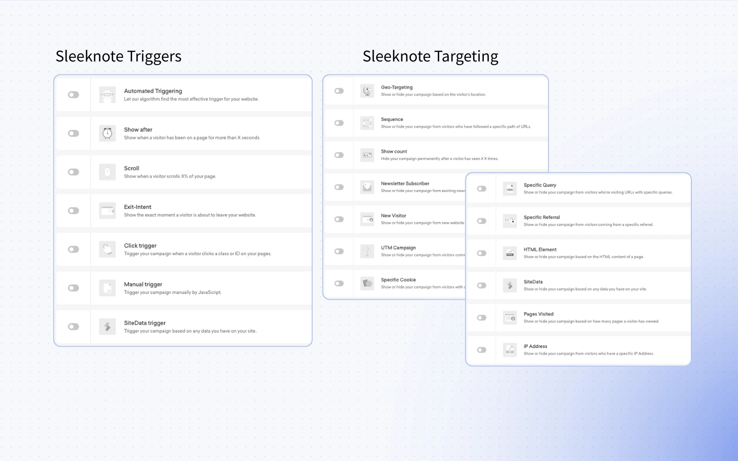 Screenshot of Sleeknote’s targeting and trigger settings, showing limited options compared to Sleeknote top competitor Triggerbee