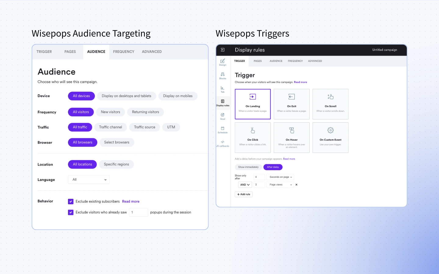 Screenshot showing Wisepops audience and trigger rules, including device type, visitor type, traffic source, and popup display triggers like on-exit or on-scroll.