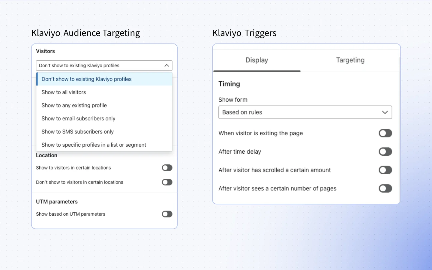 Side-by-side interface showing Klaviyo’s targeting and display rules for onsite forms. Includes options like time delay, scroll depth, and profile filters. Highlights the limitations in trigger flexibility when comparing Klaviyo vs Triggerbee as an onsite personalization tool.