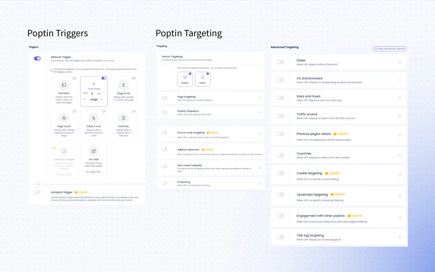 Poptin’s targeting settings with triggers like exit intent, page scroll, and time delay. Many advanced options are locked behind upgrades. In the Poptin vs Triggerbee debate, this shows where Triggerbee's built-in targeting gives it a leg up.